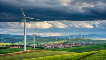 SDGs-Sustainable Drvelopment Goals, Affordable and Clean Energy Wind turbines stand tall against a dramatic sky, overlooking a vibrant green landscape.