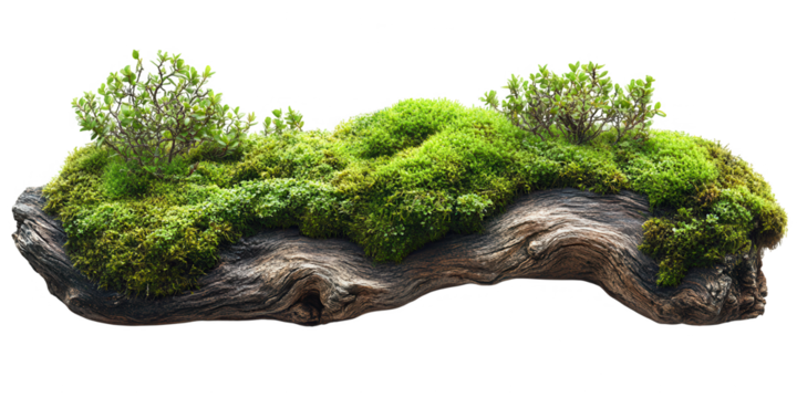 Mossy log nature background for terrarium and garden design element isolated on transparent background