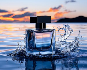 Luxury perfume bottle on water, sunset backdrop