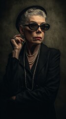 Fototapeta premium Mature woman in vintage attire, dramatic lighting portrait.