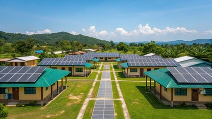 SDGs-Sustainable Drvelopment Goals, Affordable and Clean Energy Sustainable building complex with solar panels under a clear blue sky.