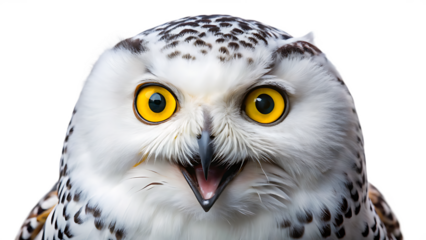 surprised snowy owl with bright yellow eyes isolated on white background PNG