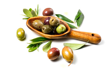 Olives in wooden spoon, homemade marinated colorful olives with herbs and spices isolated on white background, in a rustic wood spoon, closeup. Healthy Mediterranean vegan food. 