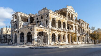 Ruined multi-story building, showing extensive damage,  partially collapsed facades, and broken windows.  Exterior walls are light beige and tan, with visible signs of deterioration and destruction. 