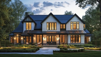 Marble island with metal pendant lights, farmhouse sink, and hex tile backsplash