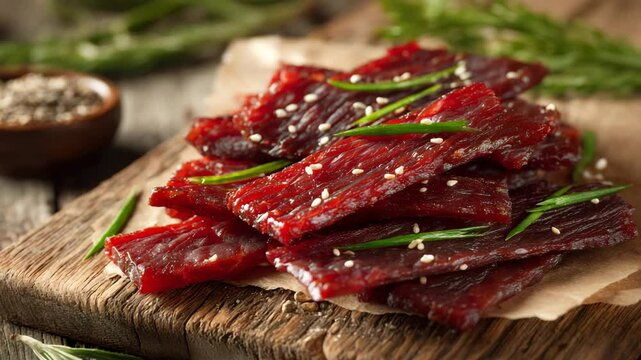 Korean beef jerky close-up with flickering bokeh lights, beef jerky rotating in motion showcasing beef jerky texture and beef jerky glaze