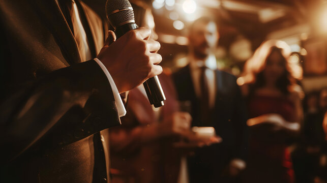 Serious journalist holding microphone interviewing politician in formal setting, news reporter covering political event, media and journalism concept.