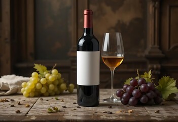 Obraz premium Wine Bottle with Glass and Grapes Still Life on Rustic Table