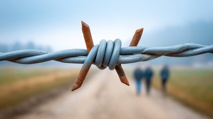 An image of barbed wire and migrants represents the issues and consequences of refugee and immigration policies. The problems caused by war and international political conflicts.