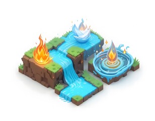 Isometric 3D Illustration of the Four Elements: Fire, Water, Air, and Earth, a Stunning Visual Representation of Nature's Fundamental Forces
