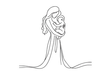 Mother holding her baby Continuous line art drawing Vector