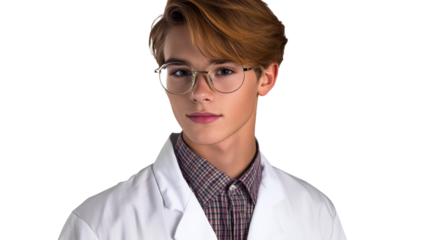 Youth in lab coat wearing eyeglasses, looking forward, cut out transparent