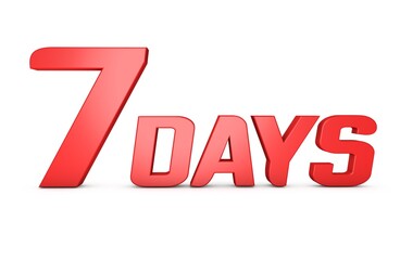 3D 7 Days Text illustration with Red Color on white background. 3d Text rendering.
