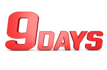 3D 9 Days Text illustration with Red Color on white background. 3d Text rendering.