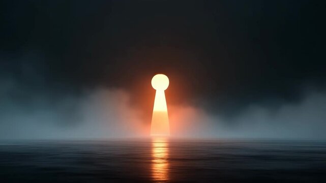 a keyhole revealing a bright light in the darkness, symbolizing an opening to a new world or a hidden opportunity. The keyhole is illuminated by a radiant light, casting a glow onto the surface.