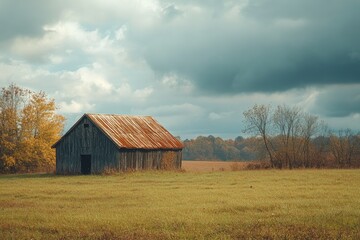Obraz premium Rustic barn in autumnal field under a cloudy sky