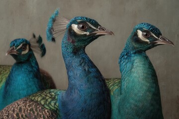 Three peacocks close up, showcasing vibrant plumage.