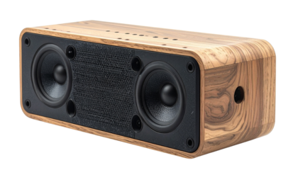 dark gray and light wood audio speaker isolated on solid white background in Png format