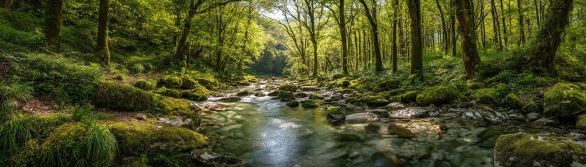 A lush green forest with a clear stream flowing through moss-covered rocks under tall trees.