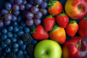 Colorful assortment of fresh fruits and berries on dark background
