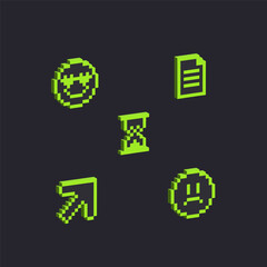 Set of 3d pixel elements. Isometric 8 bit objects. Brutalist style. Cyber symbols in y2k futuristic design. Voxel retro signs. Volumetric geometric shapes. Vector illustration