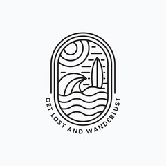 Minimalist line art surfing board and wave logo vector illustration design. Simple monoline logo for summer adventure travel.