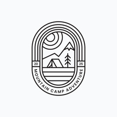 Minimalist line art mountain camp adventure logo vector illustration design. Simple outdoor, travel, and adventure logo concept.