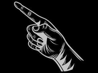Hand Drawn Illustration a Pointing Hand vector illustration, black and white illustration of a hand pointing. hand, pointing, direction, guidance, instruction, vintage hand, drawing, design, graphic.