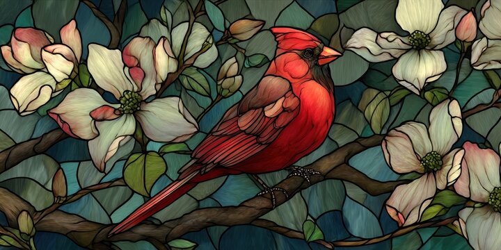 Detailed stained glass depiction of a cardinal and magnolia blossoms.