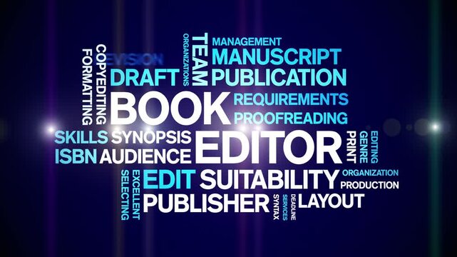 Book Editor animated word cloud;text design animation tag kinetic typography seamless loop.