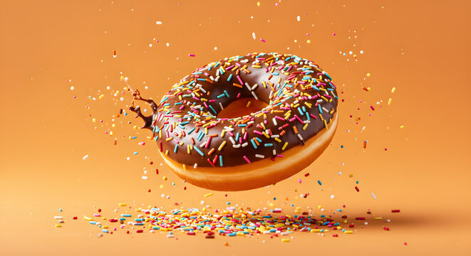 A wild floating in the air colorful pic of a doughnut smothered in chocolate icing and covered in rainbow sprinkles