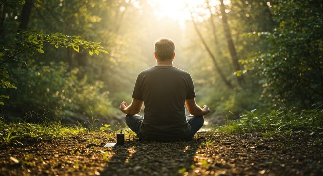 A man practices yoga by the peaceful lake in the morning, surrounded by nature and calm water under the soft morning light.

