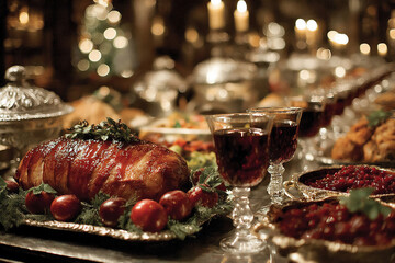 a grand holiday feast displayed on a long table, showcasing a glazed ham, numerous side dishes, festive decorations, and glasses filled with celebratory drinks.
