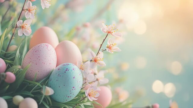 A vibrant and festive arrangement of pastel-colored Easter eggs with speckled patterns surrounded by delicate pink spring blossoms, set against a soft, dreamy background. 