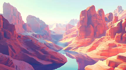 Canyon Vista: A breathtaking view of a vast canyon with layered red rocks, reflecting in a tranquil river that winds its way through the landscape, kissed by soft sunlight.