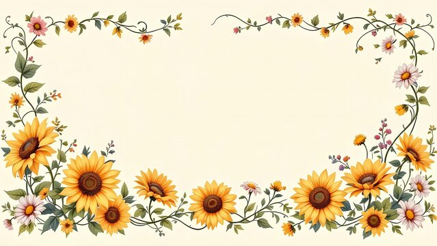 Floral frame with sunflowers and daisies on cream background