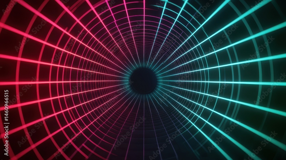 Poster abstract 3d tunnel visual in neon colors with lines and grid pattern for technology or design backgr