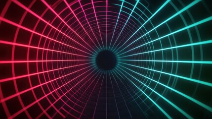 Fototapeta premium Abstract 3D Tunnel Visual in Neon Colors with Lines and Grid Pattern for Technology or Design Background