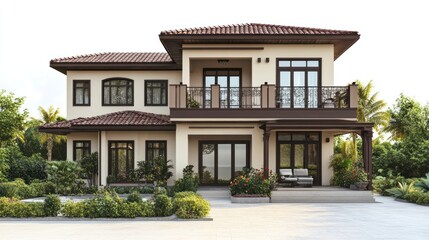 Fototapeta premium Luxurious two-story house with brown roof, balcony, and lush landscaping.