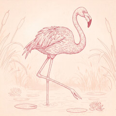 Fototapeta premium Flamingo Wading in Wetlands Illustration | Generated AI
