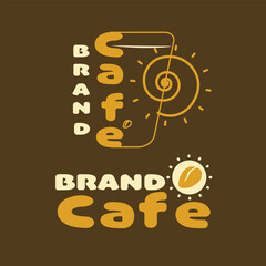 Retro cafe brand logo with bold yellow typography and coffee bean icon on brown background, perfect for coffee shop branding, menu design, packaging, or cafe-themed advertising.
