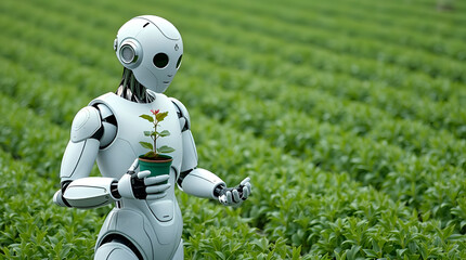A sleek black humanoid robot, holding a potted plant, standing in a vibrant green field. Generative Ai