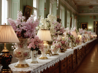a vintage-themed wedding aisle with lace runners, pastel floral arrangements in antique vases, and soft, warm lighting from vintage lamps.