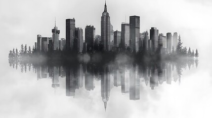 Naklejka premium Misty city mirrored ethereal cityscape reflection