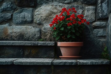 Naklejka premium Red geraniums on stone steps
