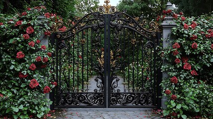 Ornate gate framed by blooming rose bushes