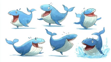 Animated whale illustrations in various playful poses.