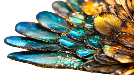 Plume with Teal and Gold Edges, Ornate, close up, cut out transparent
