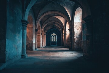 Ancient stone corridor, illuminated by a distant light source