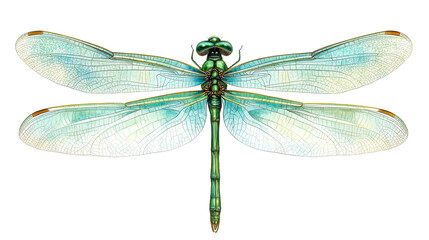 Detailed dragonfly illustration, light green insect , cut out transparent